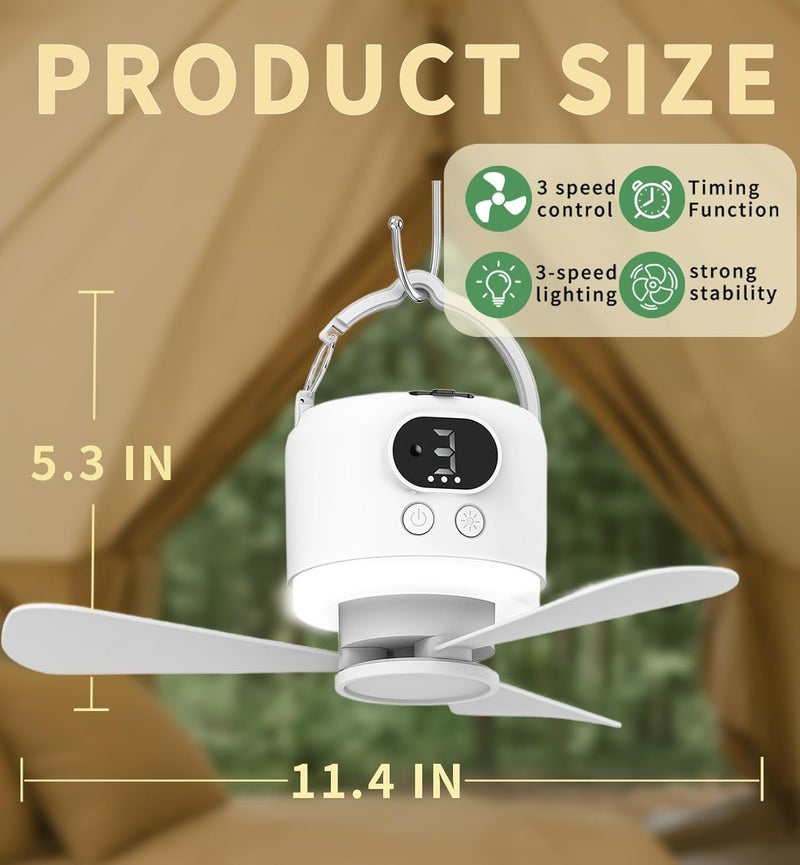 geonfi Camping Fan 10400mAh Battery Operated, USB Rechargeable Tent Fan with Remote Control,3 Detachable Blades, LED Light, 3 Speeds, Timer, Portable Ceiling Fan for Camping(White) - Image 2